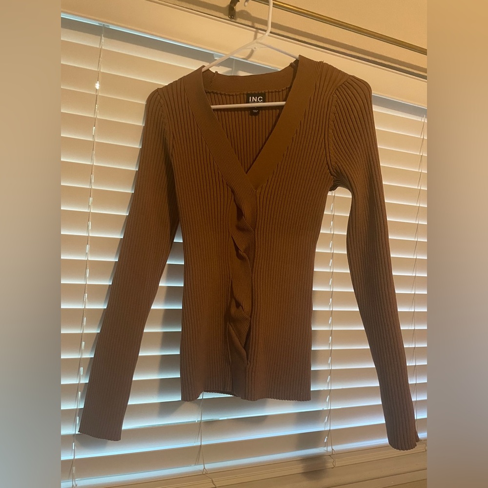 INC International Concepts Women's Tan Ribbed Long Sleeve Top
